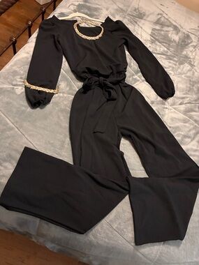 Black Jumpsuit with Gold Trim - Women's Elegant Belted Jumpsuit